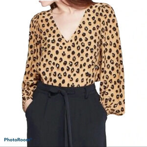 A new day vintage Leopard print Elegant long sleeves  V-neck blouse Sz L
